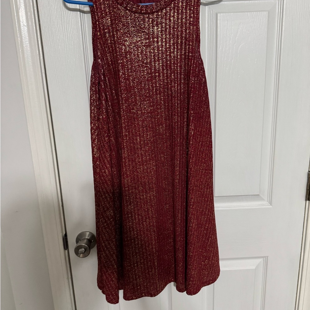 Red and Gold Pleated Mock Neck Mini Dress